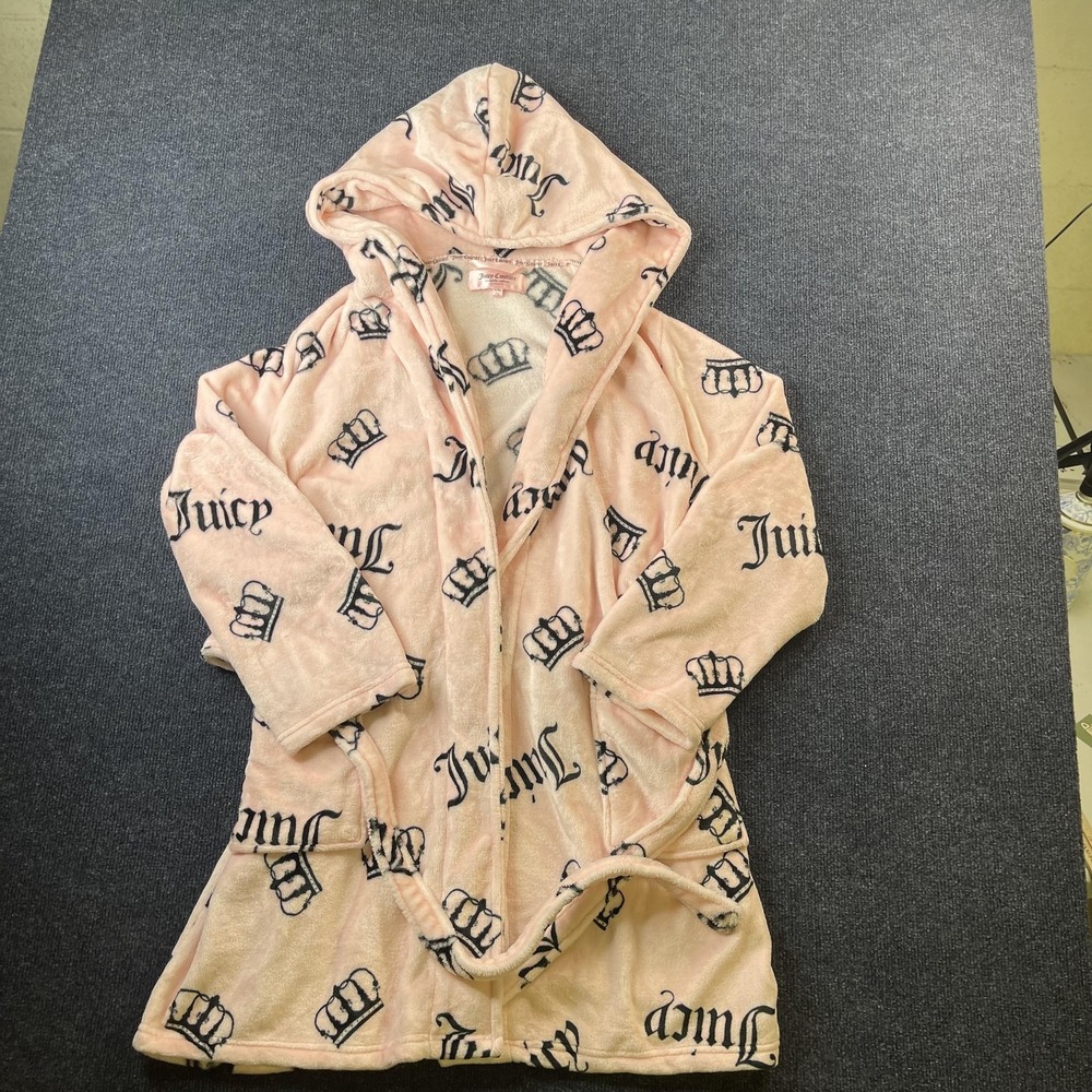 Juicy Couture Robe Womens L XL Pink‎ Hooded Belted Plush Crown Logo Sleepwear